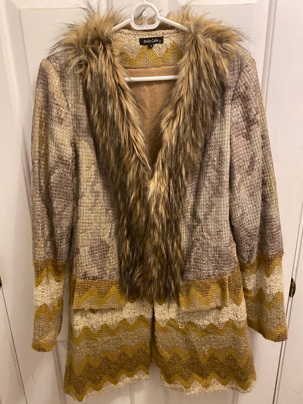 Dolce Cabo Faux Fur Trim Knit Cardigan Sweater Womens Size L Excellent Condition